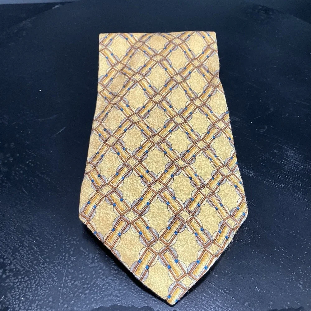 Valentino Cravatte Silk Necktie Gold Brown Blue Chain Link Geometric Made Italy